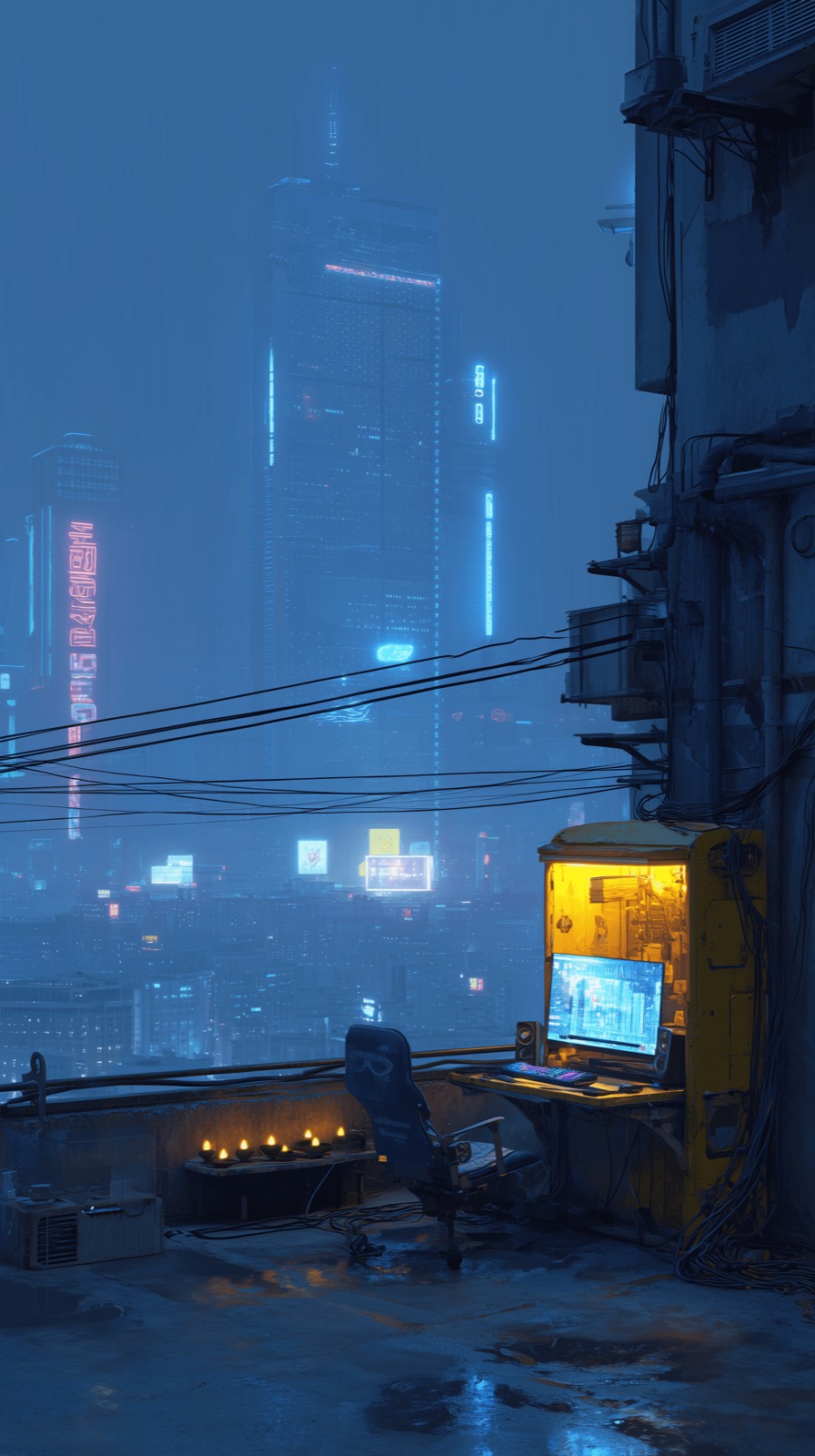 Ruelle cyberpunk sous la pluie, néons bleus — animation